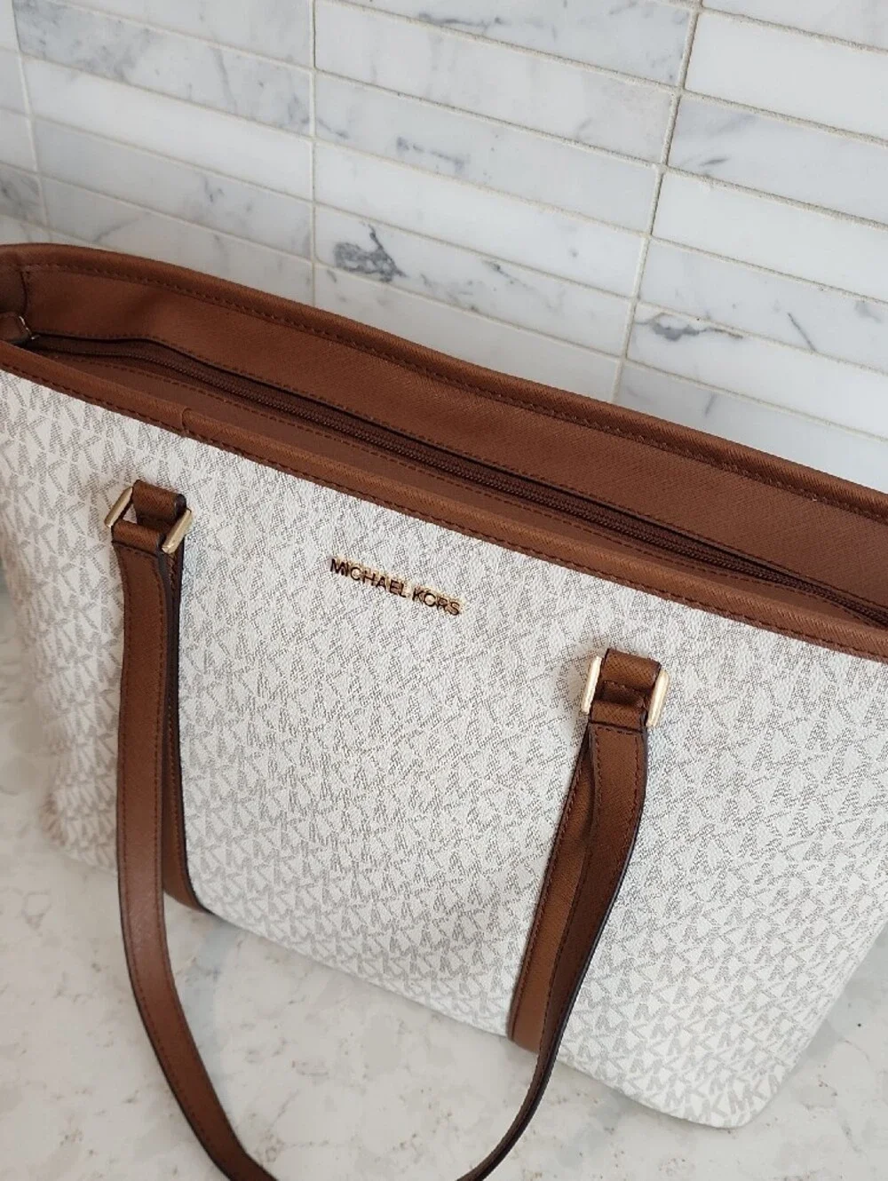 Michael Kors Cream and Brown Signature Tote